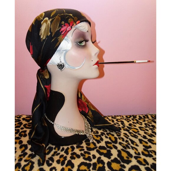 Vintage Kathie Lee Collection Extra Large Floral Scarf black roses head wrap bow - Picture 8 of 16